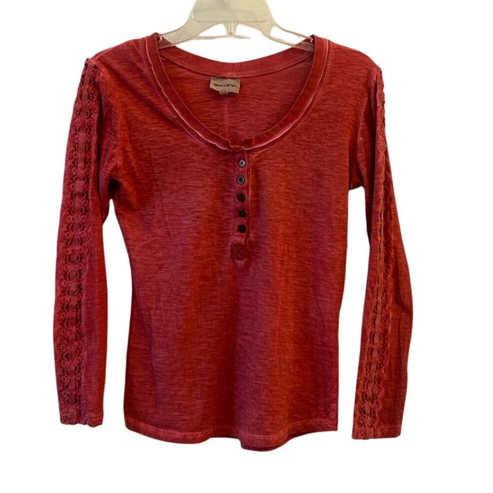Pure & Simple XS Coral Red Lace Sleeve Henley Top Boho Cottagecore